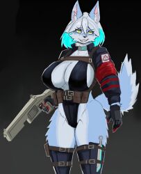 1girls 2025 anthro blue_fur female female_only furry furry_female furry_only green_eyes gun mangakitsune2 tagme