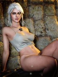3d bra breasts cd_projekt_red ciri female freckles green_eyes light-skinned_female light_skin looking_at_viewer mascara nipples_visible_through_clothing no_panties scar sentinelart solo solo_female tattoo the_witcher_(series) the_witcher_3:_wild_hunt white_hair witcher_medallion