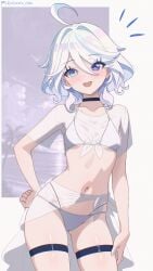 1girl 1girls :d ahoge ass_visible_through_thighs bangs bikini black_choker blue_eyes blue_hair blush breasts choker cowboy_shot female front-tie_top furina_(genshin_impact) genshin_impact hair_between_eyes hand_on_hip looking_at_viewer medium_hair navel neurotic_neko open_mouth sarong see-through short_hair skindentation small_breasts smile solo swimsuit thigh_strap white_bikini white_hair