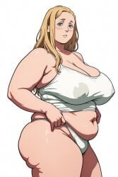 1girls ai_generated areolae_visible_through_clothing armpit_crease ass bare_shoulders belly belly_overhang big_belly blonde_hair blush camisole cellulite chunky contrapposto erect_nipples_under_clothes fat fat_female fat_mons forehead from_side green_eyes hair_down large_areolae large_breasts light-skinned_female long_hair looking_at_viewer original overweight_female panties panty_lift parted_lips simple_background skin_tight skindentation smutma solo_female standing underwear_lift white_background