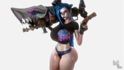 1girls 3d arcane arcane_jinx artist_logo ass black_nails blue_hair bolt_on_tits braid breast_implants crop_top denim denim_shorts duck_face ear_piercing enhanced_breasts fake_breasts female female_only glossy gun hi_res jinx_(arcane) jinx_(league_of_legends) league_of_legends long_hair looking_at_viewer malef1cent no_bra no_panties nose_bandage oiled oiled_skin pale-skinned_female pale_skin pink_eyes pinup riot_games silicone silicone_implants solo solo_female thighs video_game_character virtamate weapon white_background wide_hips wink winking_at_viewer