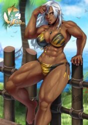 1girls abs absurd_res bikini breasts cleavage dark-skinned_female dark_skin hi_res large_breasts long_hair looking_at_viewer muscular muscular_female navel obliques one_eye_closed open_mouth pltnm06ghost solo thick_thighs vanessa_lewis virtua_fighter white_hair
