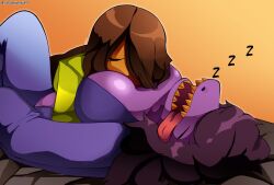 1girls anthro anthro_on_anthro breasts deltarune female hair_between_eyes human kris_(deltarune) krusie love mrdarknessart1 purple_body reptile romantic semi_nude sleeping sniffing susie_(deltarune) yellow_body