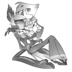 2boys 4_arms alastor_(hazbin_hotel) angel_dust_(hazbin_hotel) arms_wrapped_around_partner ass black_and_white blush chest_tuft choker clothed deer demon hand_on_shoulder hands_on_hips hazbin_hotel htamydalnsfw legs_together looking_at_partner looking_down looking_up male male_only panties pulling_panties sitting sitting_on_lap smile smiling spider spread_legs thighhighs thighs vivienne_medrano yaoi