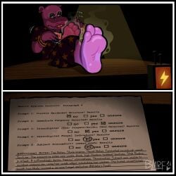 2026 3_toes absurd_res anthro bangle black_border blarf022 border common_hippopotamus ear_piercing ear_ring english_text feet feet_up female five_nights_at_freddy's five_nights_at_freddy's_vr:help_wanted_2 foot_focus foot_on_table furniture hi_res hippopotamid humanoid_feet jewelry lipstick makeup mammal musk mystic_hippo patreon piercing plantigrade purple_body ring_piercing scottgames scratching smelly smelly_feet soles solo stink_fumes table text toes twitter