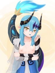 1girls 4024 akida_who blue_dress blue_fire blue_hair blue_lipstick breasts breasts_out collarbone detached_sleeves dragon_girl dragon_horns dragon_tail dress fire gold_piercing horn horns indie_virtual_youtuber long_hair nipples pierced_nipples piercing pointy_ears scales self_upload small_breasts solo virtual_youtuber yellow_eyes акида