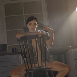 3d 3d_model 3d_render backlighting bush ellie_(the_last_of_us) ellie_williams facing_viewer female female_focus female_only gun half-dressed no_bra no_panties pubes pubic_hair sitting sitting_on_chair smiling smiling_at_viewer source_filmmaker the_last_of_us the_last_of_us_2
