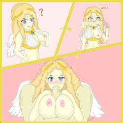 angel blonde_hair blowjob blue_eyes blush fellatio female long_hair male mobile_legends mobile_legends:_adventure mobile_legends:_bang_bang paizuri rafaela_(mobile_legends) titjob white_hair wings