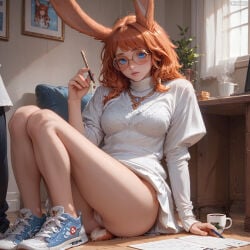 ai_generated aurora_(league_of_legends) 1girl solo long_hair breasts looking_at_viewer blush blue_eyes shirt large_breasts brown_hair long_sleeves 1boy dress holding animal_ears closed_mouth jewelry sitting twintails medium_breasts underwear tail white_shirt full_body panties braid ass thighs parted_lips food shoes glasses solo_focus pants day indoors puffy_sleeves artist_name medium_hair necklace mole rabbit_ears orange_hair white_panties sweater cup fingernails legs lips pillow mole_under_eye book bare_legs window makeup turtleneck cameltoe arm_support table ring sunlight pantyshot plant juliet_sleeves curtains rabbit_tail sneakers holding_cup 1other no_pants steam knees_up desk freckles pendant cross-laced_footwear cake round_eyewear blue_footwear teacup legs_together turtleneck_sweater paper wooden_floor rabbit_girl mug open_book on_floor nose realistic white_sweater pen potted_plant computer pencil rimless_eyewear coffee picture_frame laptop holding_pen no_socks notebook coffee_mug stylus left-handed eraser drawer holding_pencil viera shoelaces brown-framed_eyewear mechanical_pencil holding_stylus high_tops converse