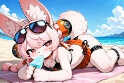 (titancore) ai_generated animal_humanoid beach bikini_bottom bikini_top bunny_ears bunny_girl bunny_tail cute_girl eating_ice_cream female furry girl hair_ornament holding_object laying_down little_girl long_hair low_twintails monster_girl my_lady red_eyes relaxing sunglasses thiren video_game_character zenless_zone_zero zhao_(zenless_zone_zero)