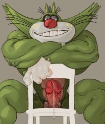 absurd_res anthro balls big_penis bodily_fluids body_hair chair domestic_cat dripping erection facial_markings felid feline felis fur furniture genital_fluids genitals glans green_body green_fur grey_eyelids hairy_balls head_markings hi_res jack_(oggy_and_the_cockroaches) light_belly looking_at_viewer male mammal manly markings muscular muscular_arms muscular_legs muscular_male muzzle_(marking) oggy_and_the_cockroaches penis pink_penis precum precum_drip ravuer red_glans red_nose simple_background sitting sitting_backwards small_waist smile solo stubble thick_penis vein veiny_penis whiskers