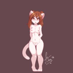 1:1 2021 animated anthro blush breasts breath brown_eyes brown_hair digital_media_(artwork) domestic_cat eyewear fejess96 felid feline felis female fur genitals gif glasses hair hands_behind_back jessica_(fejess96) looking_at_viewer low_res mammal nipples nude open_mouth panting pixel_art pussy short_playtime simple_background smile solo standing submissive tongue twintails white_body white_fur