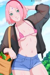 1girl ai_generated armpits bikini boruto boruto:_naruto_next_generations bra breasts female female_focus green_eyes haruno_sakura jean_shorts jeans large_thighs medium_hair micro_bikini micro_bra naruto naruto_(series) nipples patreon patreon_logo patreon_username pink_bikini pink_bra pink_hair pose sakura_haruno seductive semi_nude sexy sexy_body sexy_pose sexyexxchi short_hair shorts small_breasts smile solo thighs woman