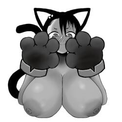 animal_ears black_and_white black_hair blush breasts cat_ears cat_girl female hayase_nagatoro melonmiloc nipples nude open_mouth paw_gloves paws please_don't_bully_me,_nagatoro pov pov_hands short_hair simple_background sweat tan_skin teeth tongue topless wide_eyes