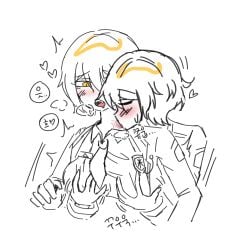 1boy 1girls badge blonde_hair blush breast_grab breasts bruise coat don_quixote_(limbus_company) drool drooling fangs female fully_clothed grabbing_from_behind heart korean_text lcb_uniform_(project_moon) licking licking_bruise limbus_company male monochrome necktie project_moon shiram_(artist) simple_background sinclair_(limbus_company) text tongue translation_request yellow_eyes