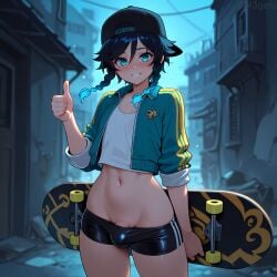 1boy ai_generated blue_eyes blue_hair bulge cap femboy femboy_focus femboy_only feminine feminine_male gay genshin_impact girly girly_boy light-skinned_male light_skin long_hair looking_at_viewer m3gens male male_only no_panties peace_sign penis queer small_penis trap venti_(genshin_impact) yaoi zesty
