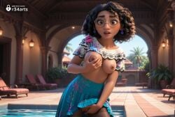 1girls ai_generated artist_name black_hair blue_skirt blurry blurry_background breast_lift breasts brown_eyes chair clothes_lift cowboy_shot curly_hair dark-skinned_female dark_nipples dark_skin day disney earrings encanto female female_masturbation fingering floral_print glasses grabbing_own_breast hi_res indoors jewelry lips looking_at_viewer masturbation medium_breasts medium_hair mirabel_madrigal nipples no_bra nose outdoors palm_tree parted_lips plant pool potted_plant pussy r34arts round_eyewear shirt shirt_lift short_sleeves skirt skirt_lift solo teeth thick_eyebrows tree very_dark_skin water