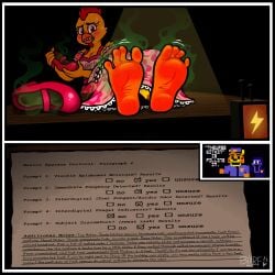 4_toes absurd_res anthro avian beak bear bird black_border blarf022 blush bodily_fluids border breasts chica_(fnaf) chica_(the_urge_within) chicken cleavage clothed clothing dirty dirty_feet dress embarrassed english_text feathers feet feet_up female female_focus five_nights_at_freddy's foot_focus foot_on_table footwear furniture galliform hi_res holding_clothing holding_footwear holding_object holding_shoes humanoid kinx_(blarf022) male mammal musk phasianid scottgames shoes shoes_removed smelly smelly_feet smelly_shoes soles solo_focus stink_fumes sweat sweatdrop table text toes yellow_body yellow_feathers