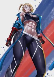 1girls 2026 abs blonde_hair blue_eyes breasts cammy_white capcom choker female female_only human human_only jacket light-skinned_female light_skin looking_away looking_to_the_side midriff muscular muscular_female questionable sfw skin_tight solo solo_female street_fighter street_fighter_6 wrist_armor wrist_cuffs zinfian