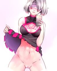 blindfold blush breasts cellphone cleavage cleavage_cutout covered_eyes dress dress_lift embarrassed erect_nipples female goddess holding holding_phone idle_antics lifted_by_self medium_breasts navel nier nier:_automata nipples phone pussy self_shot short_dress short_hair silver_hair sleep_mask sleeveless sleeveless_dress smartphone solo standing turtleneck uncensored yorha_2b