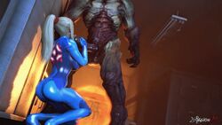 26regionsfm 3d animated blonde_hair blowjob blue_eyes bodysuit doom fellatio gif hell_knight_(doom) huge_cock metroid monster_cock ponytails samus_aran sarah_bryant_(model) viewed_from_below zero_suit_samus