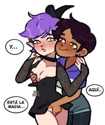 2girls amity_blight blush blush_lines breast_grab canon_couple collar dress dress_shirt fingering fingers fingers_in_pussy latina lesbian lingerie luz_noceda masturbation mesh nipple_play no_watermark ntiipa purple_hair small_breasts spanish_text text_bubble the_owl_house tits_out witch witch_(the_owl_house) yuri