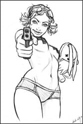 2007 badass_woman daniela_uhlig deviantart half_naked holding_stuffed_toy panties pointing_gun_at_viewer sketch tape_on_nipples