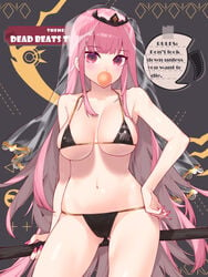 big_breasts bikini blush bubblegum detailed_background hololive hololive_english hololive_myth long_hair mori_calliope pink_eyes pink_hair pink_nail_polish scythe solo_female tiara veil virtual_youtuber waterring white_skin