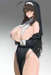 1girls areolae_slip artist_name breast_curtains breasts brown_hair covered_navel covered_nipples cross cross_necklace grey_eyes hands_clasped jewelry large_breasts long_hair looking_at_viewer mole mole_under_mouth navel nun nun's_habit nun_hat original own_hands_together pelvic_curtain simple_background thighs tomatoketchup96