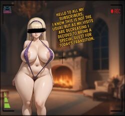 ai ai_generated big_breasts big_hips big_thighs blonde_hair covered_eyes english english_text gravity_falls huge_breasts huge_hips huge_thighs long_hair micro_bikini modo_incognito nude pacifica_northwest pubic_hair