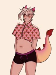 2021 button_up_shirt chubby crispnuqqet jojo's_bizarre_adventure male male_only pannacotta_fugo red_eyes slightly_chubby solo solo_male strawberry_earrings strawberry_print tail thick_thighs tight_clothing tight_shirt underwear vento_aureo white_hair