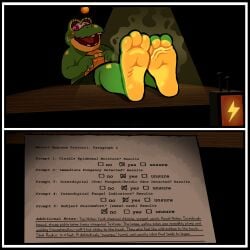 2026 3_toes absurd_res amphibian anthro black_border blarf022 blush bodily_fluids border countershade_feet countershading embarrassed english_text featureless_chest feet feet_up female five_nights_at_freddy's foot_focus foot_on_table freddy_fazbear's_pizzeria_simulator frog furniture green_body green_skin happy_frog_(fnaf) hi_res index_to_index looking_away musk plantigrade scottgames smell_profile smelly smelly_feet soles solo sweat sweatdrop table text toes tongue