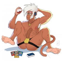 5_fingers 5_toes anthro anus areola armpit_hair balls body_hair bulge card clothed clothing digital_media_(artwork) erection eyewear feet fingers foreskin fur generation_4_pokemon genitals glasses hair hand_behind_head hi_res holding_object holding_pokeball humanoid_feet humanoid_genitalia humanoid_penis infernape jockstrap jockstrap_only male male_only mammal nevets nintendo nipples nude partially_retracted_foreskin pecs penis plantigrade pokeball pokemon pokemon_(species) primate round_glasses simple_background sitting soles solo spread_legs spreading standard_pokeball tail toes topless topless_anthro topless_male underwear underwear_only wearing_glasses