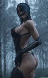 1girls 3d artist_name ass bodysuit breasts busty clothing curvy edenian female gloves hourglass_figure midway mileena mileena_(mk9) monster monster_girl mortal_kombat mortal_kombat_(2011) netherrealm_studios newgrounds nipple_bulge rain sharp_teeth shizzyzzzzzz skin_tight solo tarkatan thighs voluptuous water watermark wet wet_clothes wet_hair