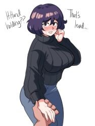 1boy 1boy1girl 1girls arms_up artist_self-insert big_breasts blush blushing_at_viewer blushing_female breasts brown_eyes clenched_hands color colored dark-skinned_male dark_purple_hair dialogue digital_drawing_(artwork) digital_media_(artwork) english english_dialogue english_text female female_focus hand_on_cheek hand_up holding_hands holding_hands_is_lewd lipstick looking_at_viewer male mommy nervous nervous_expression nervous_female original pants pov purple_hair red_face self_insert short_hair simple_background sweat sweatdrop sweater sweaty tan_body tan_skin text tina_(tinafate1) tinafate1 turtleneck turtleneck_sweater unseen_male_face virgin_killer_sweater white_background white_body white_skin wholesome
