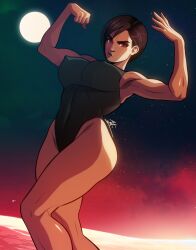 athletic_female aurora_borealis bare_legs big_breasts breasts brown_hair buff dark-skinned_female dark_skin dead_or_alive erect_nipples female flexing highres large_breasts lips lisa_hamilton moon night night_sky one_piece_swimsuit red_eyes short_hair star starry_sky swimsuit thick_thighs thighs thin_waist triplexmile wide_hips