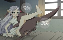 1boy 2d balls blush canid_on_humanoid canine canine_on_human canine_on_humanoid elf_ears elf_female english_text eyeliner female female_on_feral femsub feral feral_on_female feral_on_human feral_penetrating frieren green_eyes human_on_feral interspecies legs_up long_hair loving_it mascara missionary_position motion_lines nonhuman_male_on_human_female pale-skinned_female pale_skin sousou_no_frieren speech_bubble spread_legs takeno twintails white_hair zoophilia