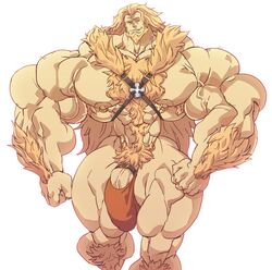 armpit_hair bara body_hair bulge flaccid guilty_gear hair_tuft hairy human hunk hyper leo_whitefang male male_only nipple_piercing penis remert solo solo_male underwear