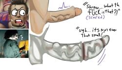 angry cock_ring embarrassed_nude_male in_character lollipop_chainsaw male_only massive_penis nick_carlyle penis penis_chart penis_size_difference scared_expression shocked swan_(lollipop_chainsaw) tan_skin toony_face tsundere white_skin
