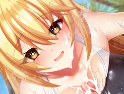 +_+ blonde_hair blush breasts cleavage clothing_cutout competition_swimsuit cum cum_on_body cum_on_breasts eyebrows_visible_through_hair facial female gloves lace-trimmed_gloves lace_trim large_breasts long_hair looking_at_viewer maze_yuri one-piece_swimsuit open_mouth paizuri paizuri_under_clothes penis shokuhou_misaki smile swimsuit symbol-shaped_pupils to_aru_kagaku_no_railgun to_aru_majutsu_no_index