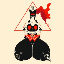 animal_ears anthro bell big_breasts black_body black_tears blood breasts cape chibi clothed clothing collar crown cult_of_the_lamb dripping dripping_blood female fur headwear horns huge_breasts humanoid lamb lamb_(cult_of_the_lamb) large_breasts looking_at_viewer mammal melonmiloc open_mouth ovine red_cape red_eyes red_triangle sheep simple_background solo sweat symbol tears triangle white_background white_fur wool yellow_bell