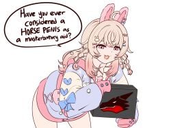 artist_request bad_dragon bent_over blonde_hair box bunny_ears dragon_logo fully_clothed funny hair_pin holding_object logo long_hair long_sleeves pipkin_pippa simple_background smug_face talking_to_viewer text vtuber white_background