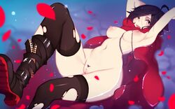 black_hair boots breasts cape female nanoless navel nipples nude pubic_hair pussy ruby_rose rwby short_hair thighhighs torn_clothes uncensored water
