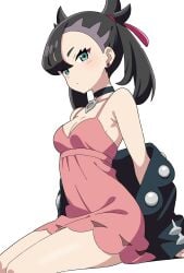 1girls aqua_eyes asymmetrical_bangs bare_arms bare_legs bare_shoulders black_choker black_hair black_jacket breasts choker cleavage closed_mouth collarbone commentary dress earrings female green_eyes hair_ribbon highres jacket jewelry kousuke0912 light_blush long_sleeves looking_at_viewer marnie_(pokemon) nintendo open_clothes pendant pink_dress pokemon pokemon_ss pokemon_swsh red_ribbon ribbon simple_background sitting sleeveless small_breasts solo twintails unworn_jacket upper_body white_background
