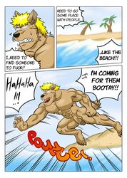 5_fingers 5_toes abs angry anthro beach biceps big_muscles blonde_hair blue_glow brown_body brown_fur canid canine canis clenched_teeth coconut comic dialogue domestic_dog drupe_(fruit) english_text feet fingers food fruit fur glowing glowing_eyes guss_(vju79) hair hi_res male male_only mammal muscular muscular_anthro muscular_male nipples nude onomatopoeia page_45 palm_tree pecs plant pounce profanity ride_the_wave!_(vju79) sand sea seaside sky solo sound_effects teeth text toes tree vju79 water wolf