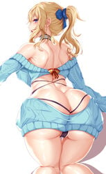 ass ass_focus bare_shoulders bikini_bottom blonde_hair blue_eyes breasts butt cameltoe choker ear_ring female female_focus female_only from_behind genshin_impact horny jean_gunnhildr kneeling looking_at_viewer looking_back only_female ponytail purple_bikini_bottom sakuraoo solo solo_female solo_focus sweater thigh_gap virgin_killer_sweater