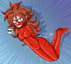 1girls android_21 android_21_(human) angry bondage brown_hair cleave_gag dragon_ball dragon_ball_fighterz earrings female gag gagged gaggeddude32 mummified red_tape solo text tied_up