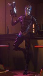 3d_(artwork) 4k 9:16 absurd_res alien animal_genitalia beverage blue_eyes blue_penis bottle digital_media_(artwork) erection genital_slit genitals gun hi_res holding_gun holding_object holding_weapon looking_at_viewer male mass_effect nude penis ranged_weapon rooking slit solo source_filmmaker standing submachine_gun turian video_games weapon