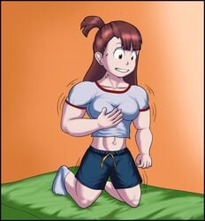 1girls akko_kagari female_only gym_uniform little_witch_academia muscle_growth muscular_female on_bed riseart77 tagme