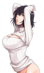 1girls arms_up big_breasts black_hair blood_blockade_battlefront bob_cut boob_window bottomless breasts chain_sumeragi cleavage female female_only kekkai_sensen keyhole_turtleneck looking_at_viewer naked_sweater parted_lips short_hair sweater turtleneck white_background